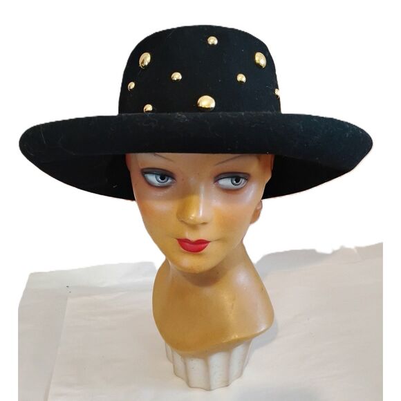 80s 90s Black Studded Western Hat , Size 23, Gold Dome Accents - Picture 1 of 5